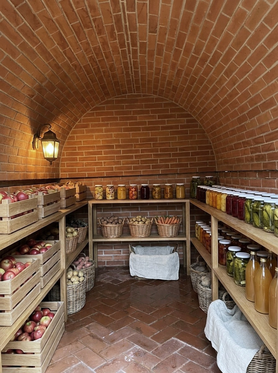 Forrådskælder med tøndehvælving i rødt tegl, hylder af egetræ med kasser af æbler, kurve med rodfrugter, glas med syltetøj og flasker med saft