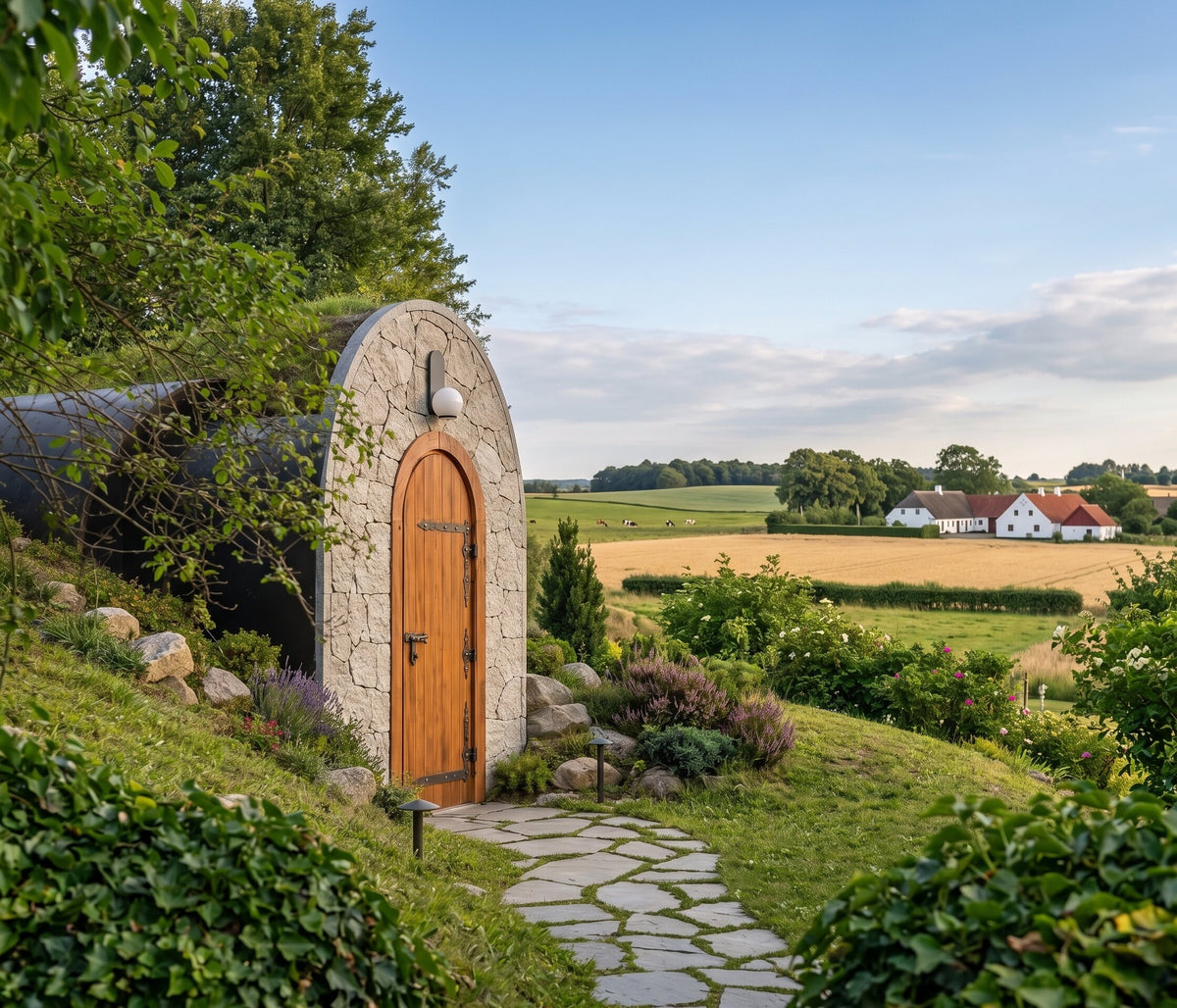 Portal i natursten med buet egetræsdør i en grøn skråning med marker i baggrunden
